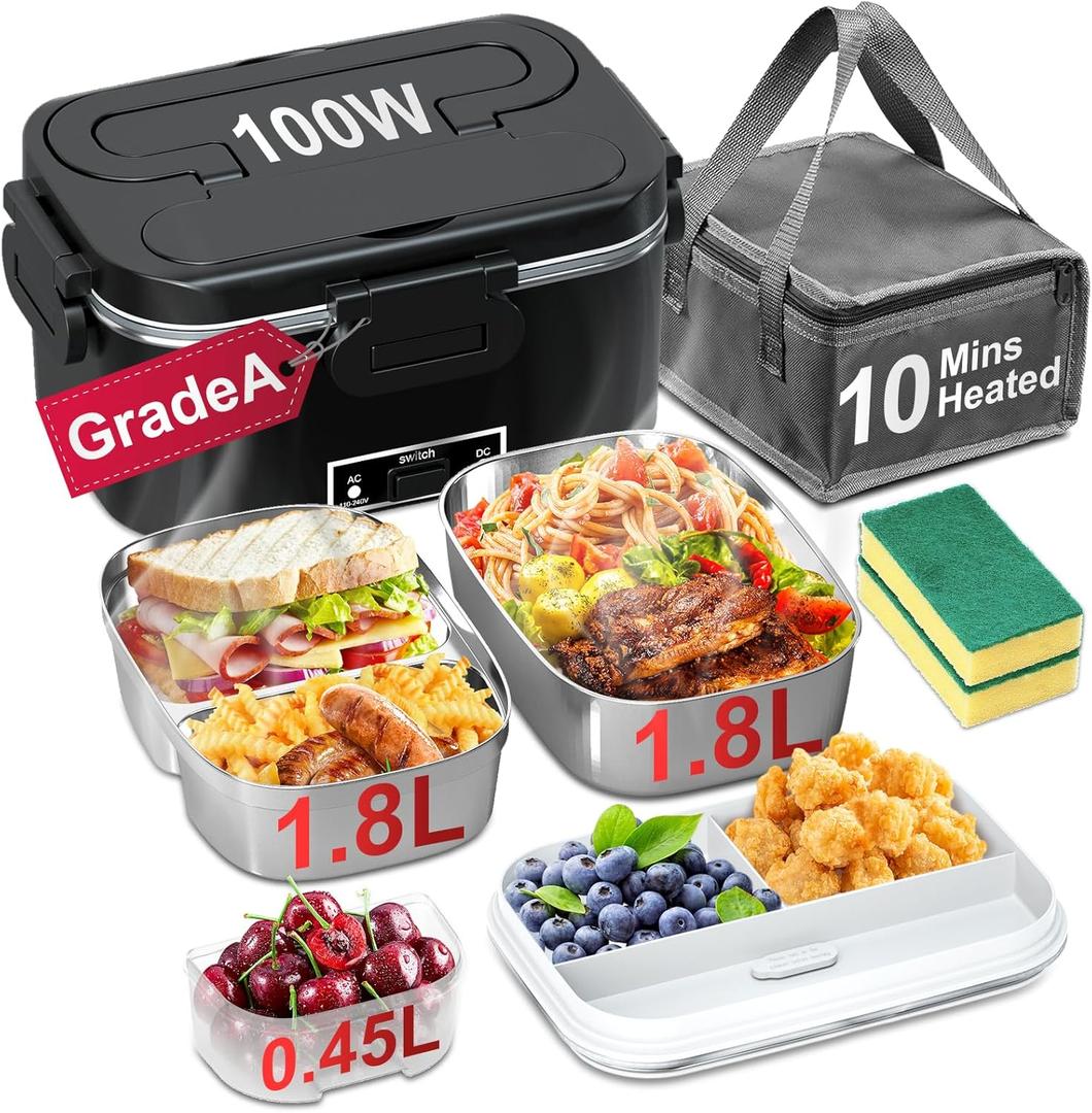 Electric Lunch Box for Adults - 2 Pack 1.8L Container 100W Heated Lunch Box for Men Fast Heating Food Heater Portable with ON/ OFF Switch, 0.6L Compartment Lid for Car, Truck, Office (12V/ 24V/ 110V)