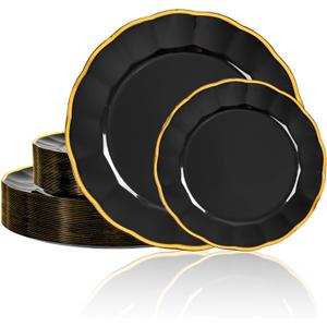 supernal 60pcs Black and Gold Birthday Plates Plastic Plates for Party and Fancy Disposable Plate Heavy Duty Scalloped Plate Wedding Disposable Dinnerware Included 30 Dessert & Dinner Plate