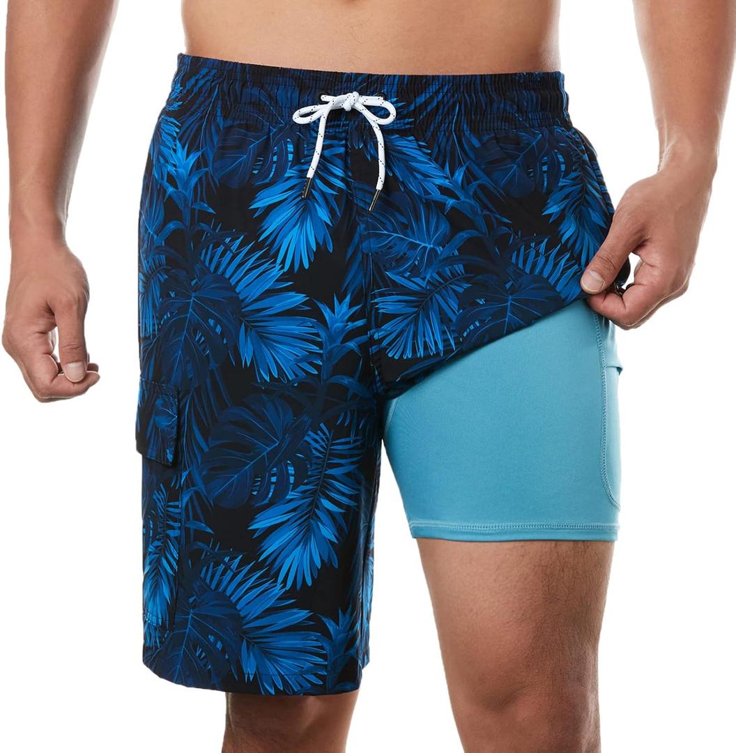 BRISIRA Mens Swim Trunks Bathing Suit 9 Inch Inseam Compression Liner Beach Long Board Shorts Swimsuit Anti-Chafe Quick Dry (38, Bluetropical)