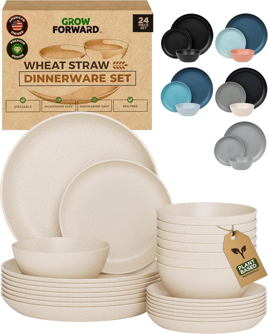 Grow Forward 24-piece Premium Wheat Straw Dinnerware Sets for 8 - Unbreakable Dishwasher & Microwave Safe Plastic Plates and Bowls Sets - Patio, Outdoors, RV, Camping Dishes - Sahara