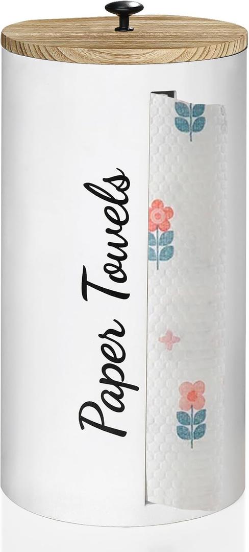 Paper Towel Holder Countertop, Farmhouse Paper Towel Stand for Kitchen, Wood Paper Towel Roll Holder for Kitchen Countertops, Bathroom, Bars & Dining Tables, Rustic Kitchen Decor and Accessories (White)