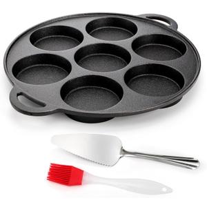 Hiceeden Pre Seasoned Cast Iron Muffin Pan, 7 Impressions Biscuit Pan with Handle, Pancake Mini Cake Pan with Spreader and Shovel for Baking Dessert, Cupcake