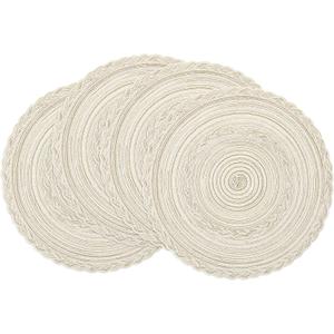 SHACOS Round Placemats Set of 4 Boho Braided Border Place Mats for Dining Tables Wedding Holiday Party (Ivory Bordered, 4)