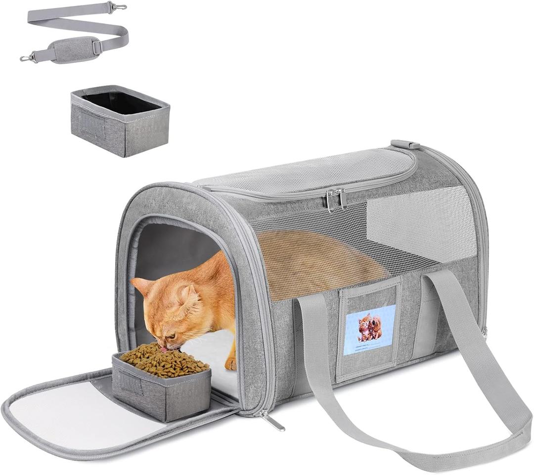 Cat Carrier Soft for Pets Up to 15 Lbs, Cat Travel Bag with Padded Shoulder Strap and Detachable Cat Food Bowl, Pet Dog Carriers for Small Dogs Travel Puppy Carry Airline Approved, Grey