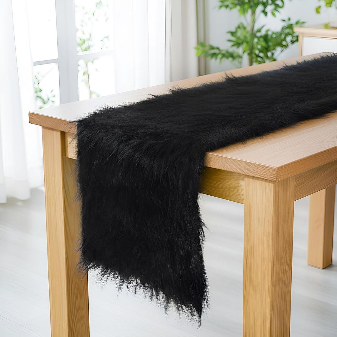 Breling Winter Table Runner 14 x 108 Inches Faux Fur Table Runner Luxury Soft Fur Winter Christmas Snowy Decoration for Holiday Wedding Birthday Party Supplies(Black)