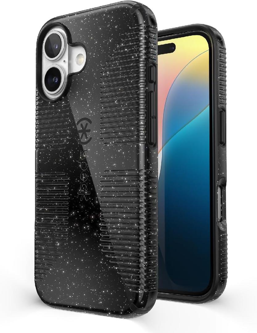 Speck CandyShell Grip iPhone 16 Case - Slim MagSafe - Black Glitter/Steel Black