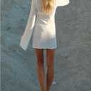 SOLY HUX Women's Hollow Out Crochet Long Bell Sleeve Mini Sweater Dress Tie Front V Neck Summer Beach Coverup Dresses (L)