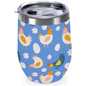 12 oz Insulated Wine Tumbler with Lid, Vibrant Chicken Seamless Pattern Stainless Steel Travel Tumbler Cups, Stemless Double Wall Vacuum Travel Mug for Coffee Wine Cocktail, Chicken Gifts for Women