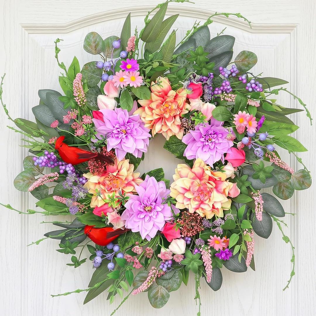 24 Inch Spring Wreath Artificial Wreaths for Front Door Summer Wreath with Dahlia Red Cardinals & Purple Berries, for Front Door Porch Window Farmhouse Year-Round Floral Decor Front Door Wreath