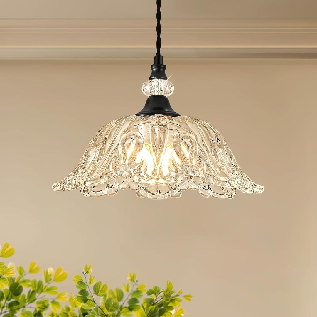 1 Piece Black Chandelier Light Fixtures with Glass Shade, Black Farmhouse Pendant Light,Hanging Light for Kitchen Island Room,Hallway,Living Room,Bedroom (Black Braided Cord)