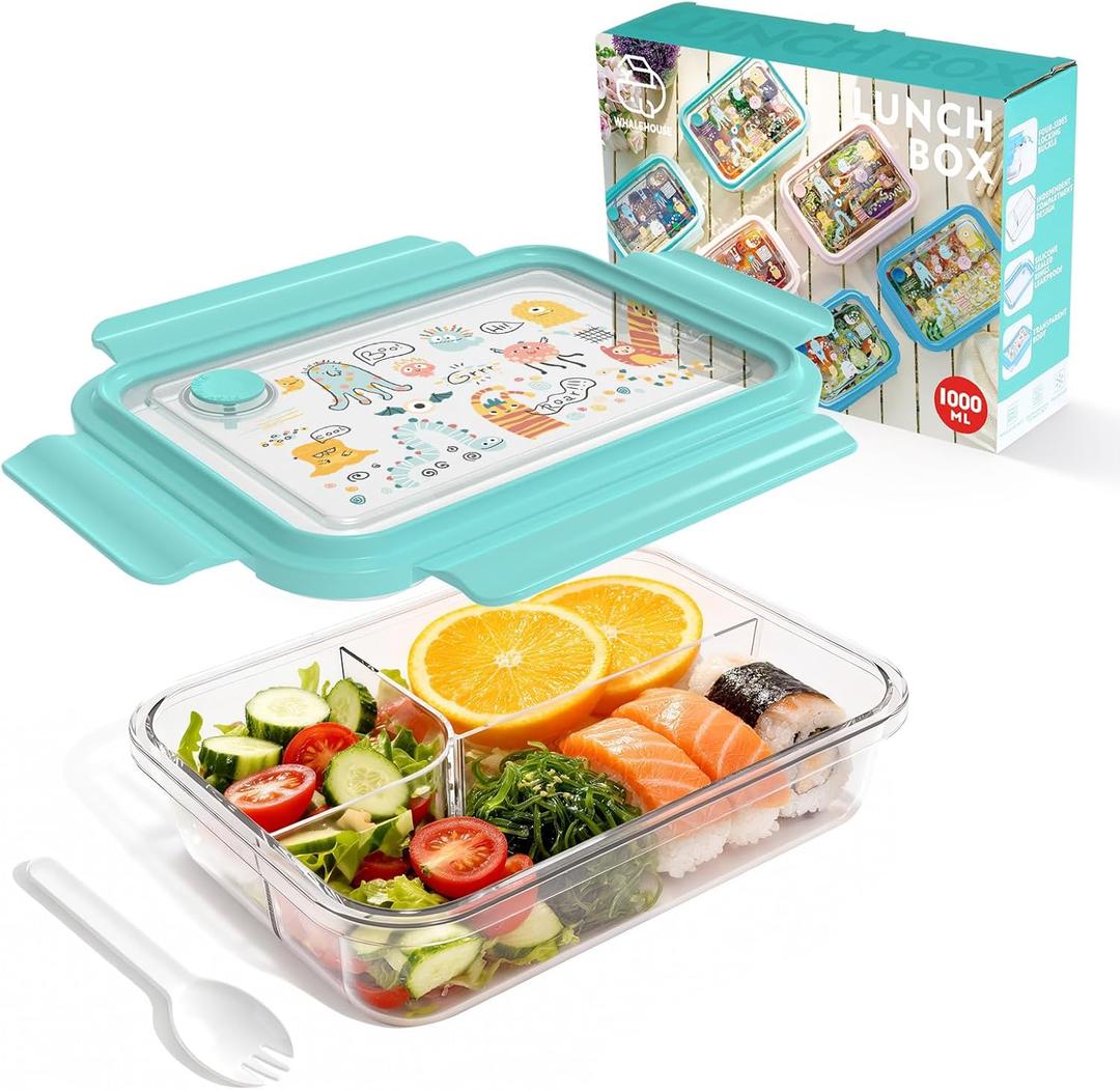 WHALEHOUSE Clear Eco-friendly SK chemicals ECOZEN Bento Lunch Box, 3 Compartment Durable Plastic Meal Prep Container, Airtight Food Storage Containers with Snap Locking Lids, Microwave Safe (Green)