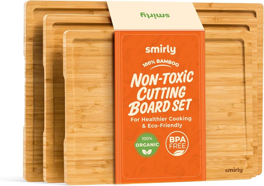 SMIRLY Bamboo Wooden Cutting Boards for Kitchen, Set of 3 Large - Small, Bamboo Wood Cutting Board Set with Deep Juice Grooves, Non Toxic Serving Tray, Perfect Mother's Day Gifts