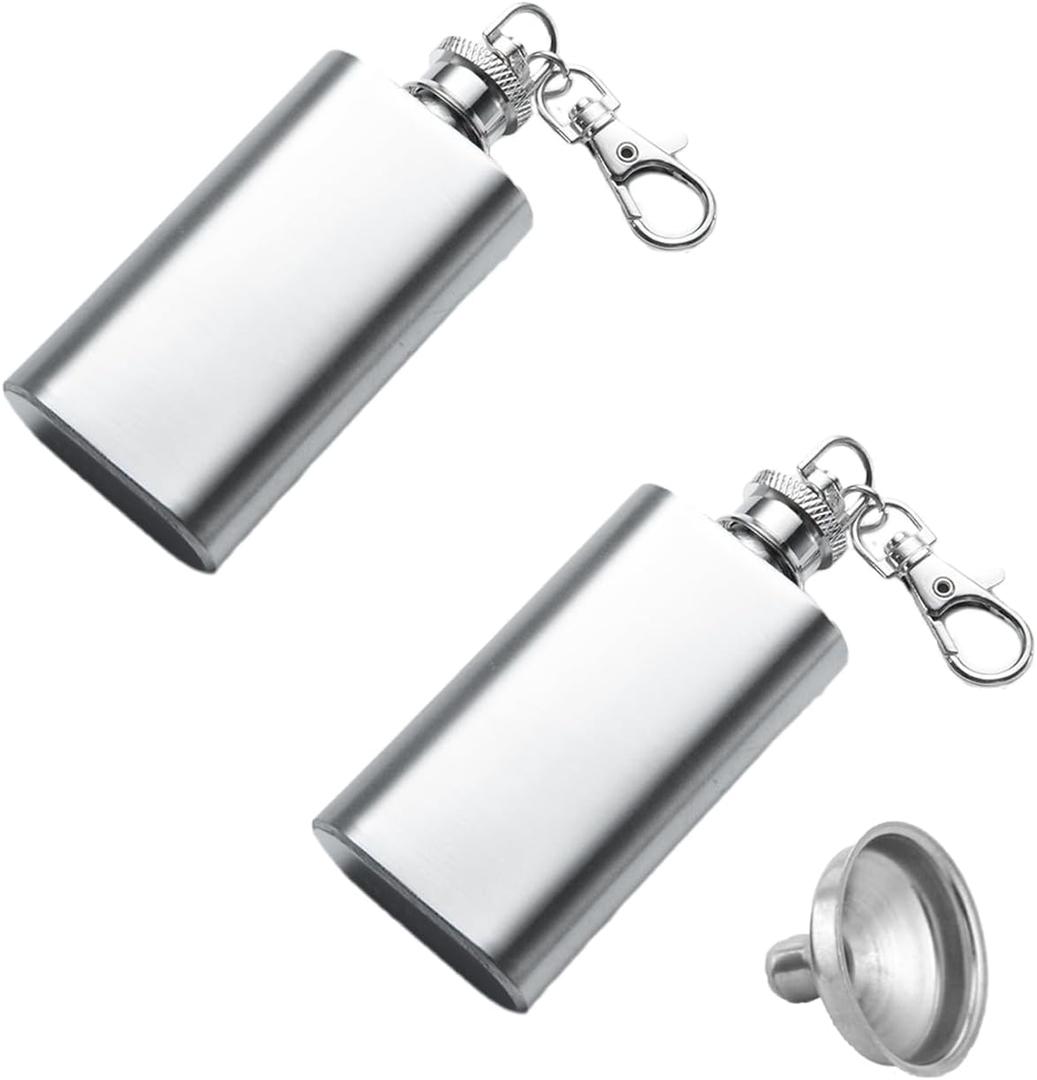 2PCS Mini Pocket Wine Bottle Stainless Steel Material Portable Keychain Flask Stainless Steel 2oz Pocket Whiskey Bottle, Hip Flask with Funnel for Men & Women