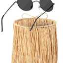 Geyoga Black Derby Hat Polarized Round Sunglasses Raffia Costume Hat Circle Sunglass Hawaiian Grass Mini Skirt Luau Skirt (29.9 Inch)