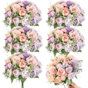 Tigeen Artificial Flowers Artificial Peonies Silk Flowers Faux Peony Fake Peony Silk Hydrangea Bouquet for Wedding Table Centerpiece Floral Vase Decor(Purple,Pink,6 Bundles)