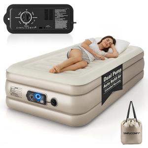 Simpli Comfy Twin Air Mattress, 18" Raised Inflatable Mattress, 500lb | with Built-in Patented Constant Comfort Dual Pump, Three Adjustable Firmness Settings, Self-Monitoring Air Retention System