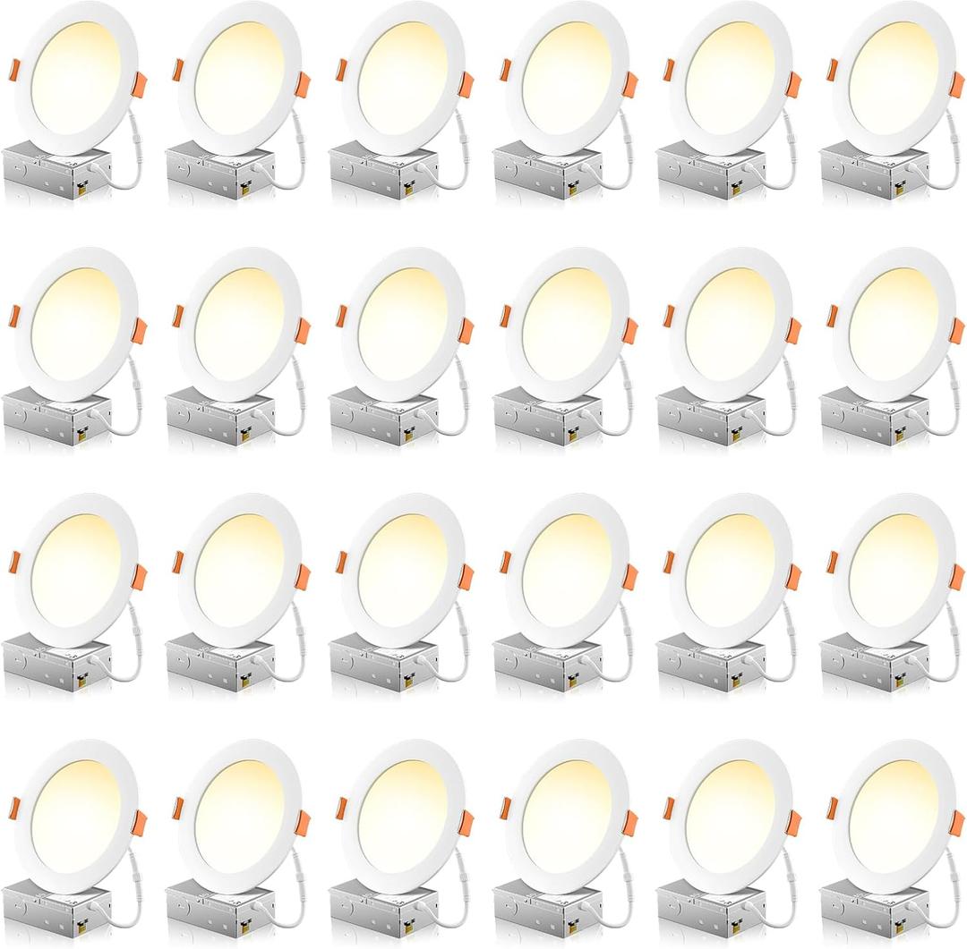FREELICHT 24 Pack 6 Inch 5CCT Ultra-Thin LED Recessed Ceiling Light with Junction Box, 2700K/3000K/3500K/4000K/5000K Selectable, 1050LM Brightness, Dimmable Canless Wafer Downlight, 12WEqv110W-ETL&FCC
