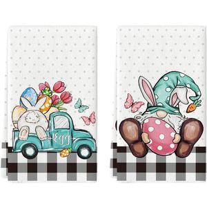 Artoid Mode Buffalo Plaid Gnome Egg Truck Bunny Rabbit Easter Kitchen Towels Dish Towels, 18x26 Inch Seasonal Spring Decoration Hand Towels Set of 2