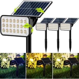 JACKYLED 84-LED Solar Spotlights 5 Lighting Modes 360 Adjustable IP65 Waterproof Super Bright Overnight Solar Spot Lights for Outside with Extendable Spike for Yard, Garden, Lawn, Pathway, 4 Pack (Warm/Cool/Neutral White)