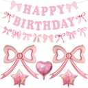 2 x Pink Bow Happy Birthday Decorations - Large Bow Balloons Banner for Coquette Birthday Decorations Foil Balloons for Girls Women Pink Coquette Themed Party Decor