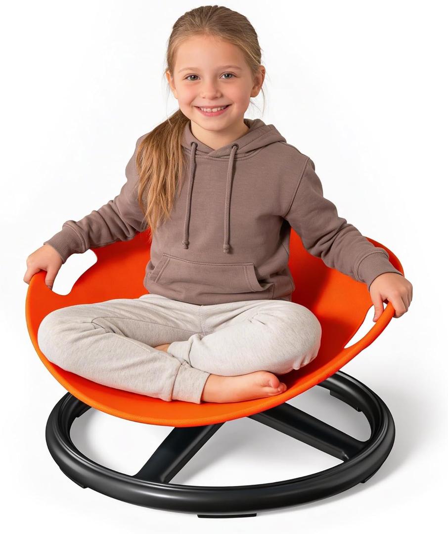 Spinning Chair for Autistic Kids, 360 Sensory Swivel Chair with Metal Base, Balance Training Seat for Indoor Outdoor Use, 165 lbs Capacity, Polypropylene Active Seat, Orange