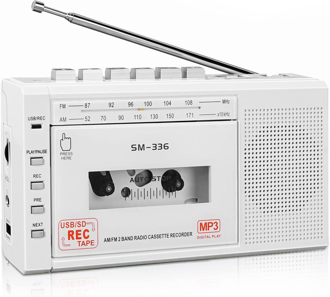 Small Cassette Player Recorder, Cassette to Digital Converter via USB or Micro SD Card, Powered by AC or 4 AA Battery, AM FM Radio Tape Recorder with Build-in Speaker and Earphone Jack