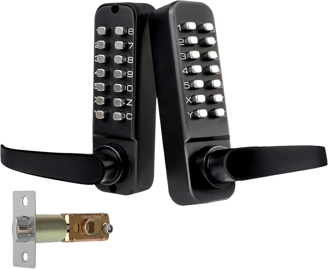 Upgrade Double Sided Keypad Door Lock with Adjustable Deadlatch 2-3/8'' and 2-3/4'', Double Sided Keyless Door Lock with Handle, Double Sided Gate Lock for Outdoor (Black)