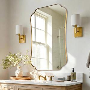 ANDY STAR 24"x36" Gold Mirror, Brushed Brass Scalloped Wall Mirror, Bathroom Wall Mirror with Stainless Steel Metal Framed Ideal for Bedroom, Hallway