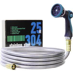 25FT Garden Hose, 304 Stainless Steel Water Hose, Flexible with a 10-Mode Nozzle Sprayer, No Kink, Lightweight, Puncture Proof, Ideal for Yard, Lawn, Outdoor, 5/8'' Outside Diameter