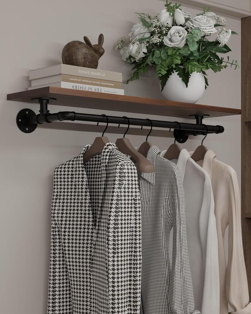 Clothes Rack 36in, Wall Mounted Garment Rack with Real Walnut Wood Shelf, Heavy Duty Hanging Clothes shelf, Multi-Purpose Hanging Rod, Space-Saving Closet Storage (Walnut, 1T36IN)