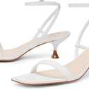 Modatope Kitten Heels for Women Open Square Toe Ankle Strap Sandals Low Heels Dress Shoes for Party (White)