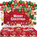 Christmas Party Decorations Set, Red Green Christma Balloon Arch, Merry Christmas Backdrop Banner Xmas Hanging Swirls Tablecloths for Xmas Party Indoor Outdoor Decorations Supplies