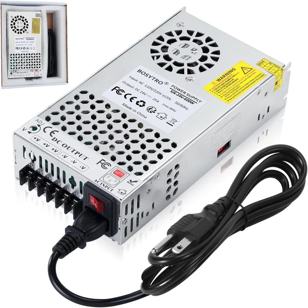 24V 25A 600W DC Switching Power Supply, Universal Transformers AC110V/220V (SMPS), Upgraded Output Port with Power Cord, 24 Volt Power Supply for 3D Printer, CCTV Camera Security System