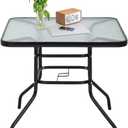 32" Square Outdoor Dining Table - Tempered Glass Top with Umbrella Hole,Weather-Resistant Metal Patio Table for Backyard,Poolside, Balcony, Garden - Black