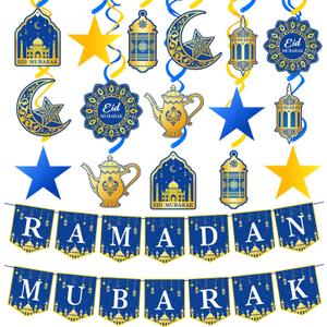 34Pcs Ramadan Decorations Pre-Assembled Mubarak Eid Kareem Muslim Banner Hanging Swirls Garland Decor Party Supplies Ramadan Decorations for Home