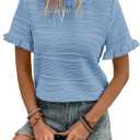 Samefar Womens Crewneck Texture Ruffle Shorts Sleeve Shirts Casual Loose Flowy Tee Tops Blouses Fashion Outfits Trendy (Blue, M)