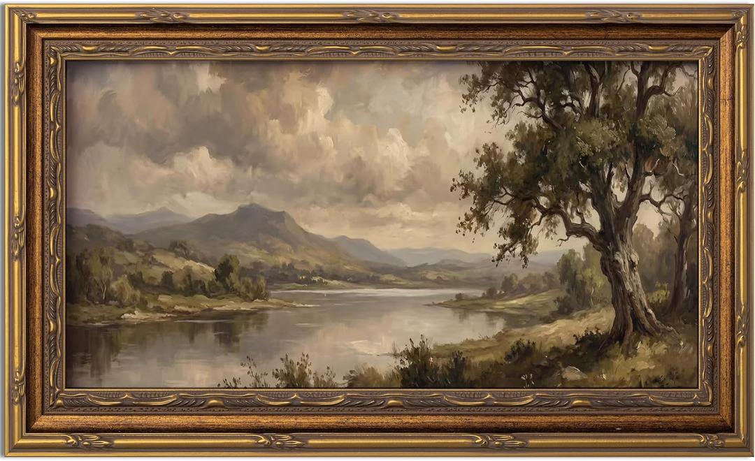 Vintage Gold Framed Landscape Wall Art Vintage Mountain And Lake Painting Canvas Prints Landscape Wall Decor Rural Mountain Painting Style Poster Print Artwork for Living Room Bedroom Home Decoration, 24"L x 12"W