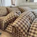 PinkMemory Brown Gingham Duvet Cover Bedding Set Queen 100% Washed Cotton Beige Plaid Checkered Duvet Cover Full 3pcs Vintage Coffee Grid Gingham Bedding with Zipper Closure Ultra Soft Breathable