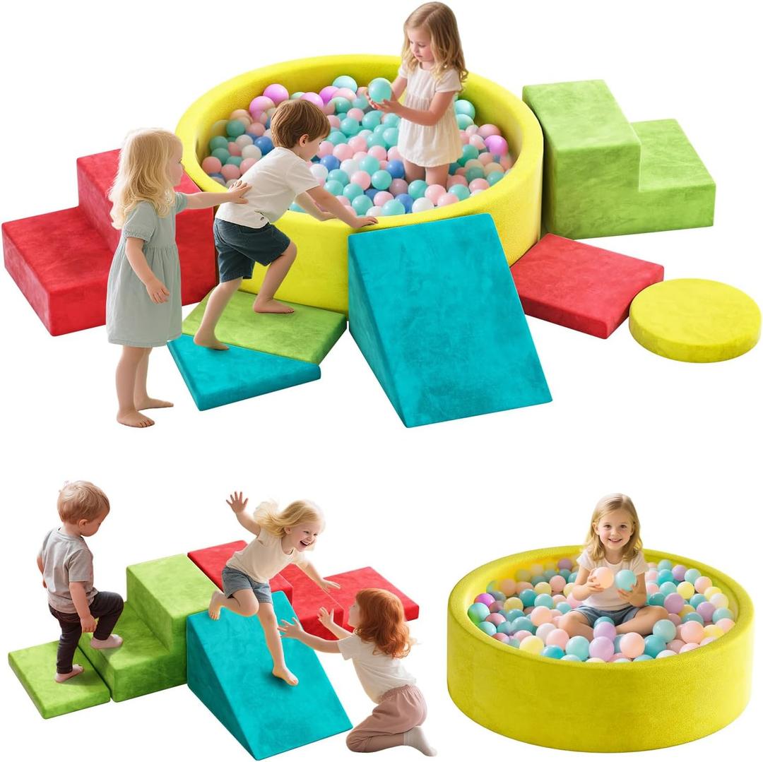 8-Piece Foam Climbing Blocks with Ball Pit for Toddlers 1-3, Soft Play Toddler Climbing Toys Indoor, Indoor Foam Blocks for Toddlers 1-3 Inside with Round Ball Pit, Steps, Triangle Ramp, Shape Mats A