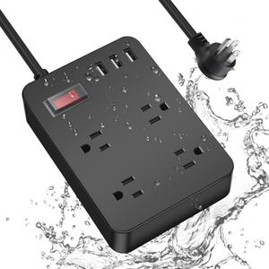 Outdoor Power Strip Weatherproof, Waterproof Surge Protector with 4 Outlets, 3 USB, Shockproof Overload Protection, Multi Outlet Extension for Camping, Garden, Kitchen, Bathroom, 6ft Cord, with Flat Plug