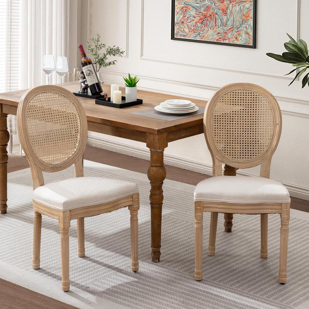 French Dining Chairs Set of 2, Vantage Dining Chair with Round Back, Wood Leg Farmhouse Country Rattan Dining Chair for Kitchen,Bedroom,Beige