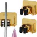 Mop and Broom Organizer Wall Hanging No Drill,Metal Utility Tool Hangers Wall Mountable,Garage Closet Organizer Heavy,Storage Rack Self Adhesive 2Pcs for Bathroom, Kitchen, Office,Laundry.Gold