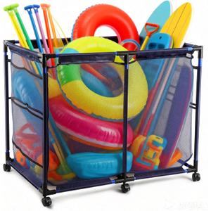 Pool Storage Cart Organizer with Nylon Mesh Basket, Rolling Storage Bin for Pool Accessories and Beach Towels Large Capacity, 2 Grids, 50" L x 30" W x 34" H, Blue