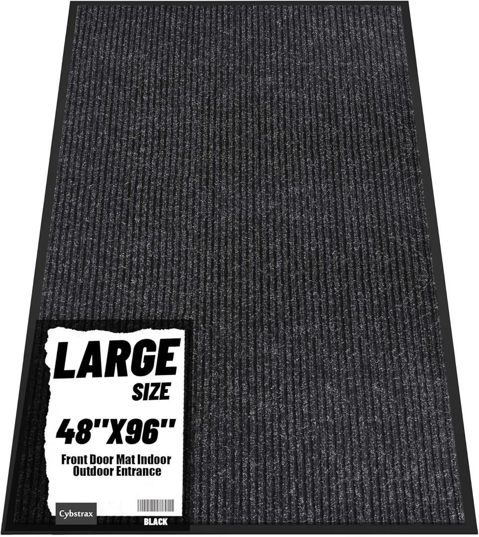 Front Door Mat Indoor Outdoor Entrance, 48" x 96" All-Season Heavy Duty Waterproof Doormat, Non-Slip Absorbent Entryway Mat, Easy to Clean, Low Profile Commercial Floor Mat for Indoor Outdoor (Black Double Stripes)