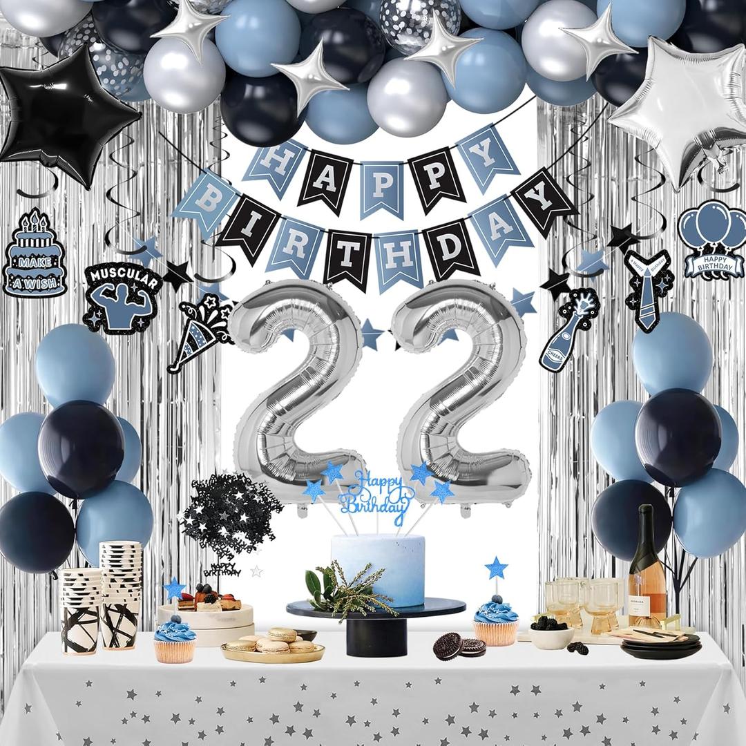 22nd Birthday Decorations, Dusty Blue 22 Birthday Decorations for Boys Girls, Blue Sliver Black Birthday Party Decor with Happy Birthday Banner, Number Balloons, Foil Balloons, Swirl