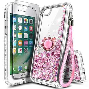 NGB Designed for iPhone SE (3rd 2022 & 2nd Gen 2020)/iPhone 8/7/6/6S Case, Rose Gold | Glitter Liquid Cute Cover for Women Girls Kids | with Tempered Glass Screen Protector & Ring Holder-Wrist Strap
