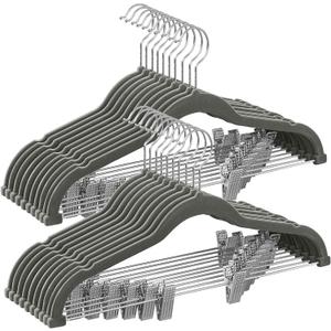 SONGMICS 11-Pack Pants Hangers, 16.7-Inch Long Velvet Hangers with Adjustable Clips, Heavy-Duty, Non-Slip Skirt Hangers, Space-Saving for Pants, Skirts, Coats, Dresses, Gray UCRF012G20