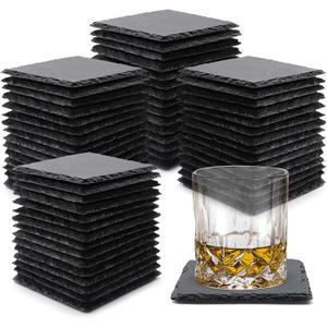 60 Pack Slate Drink Coasters, VIBRATITE 4 Inch Black Slate Stone Coasters Bulk Cup Coaster Laser Engraving Blanks with Anti-Scratch Bottom for Drink Coffee Bar Kitchen Home Decor, Square
