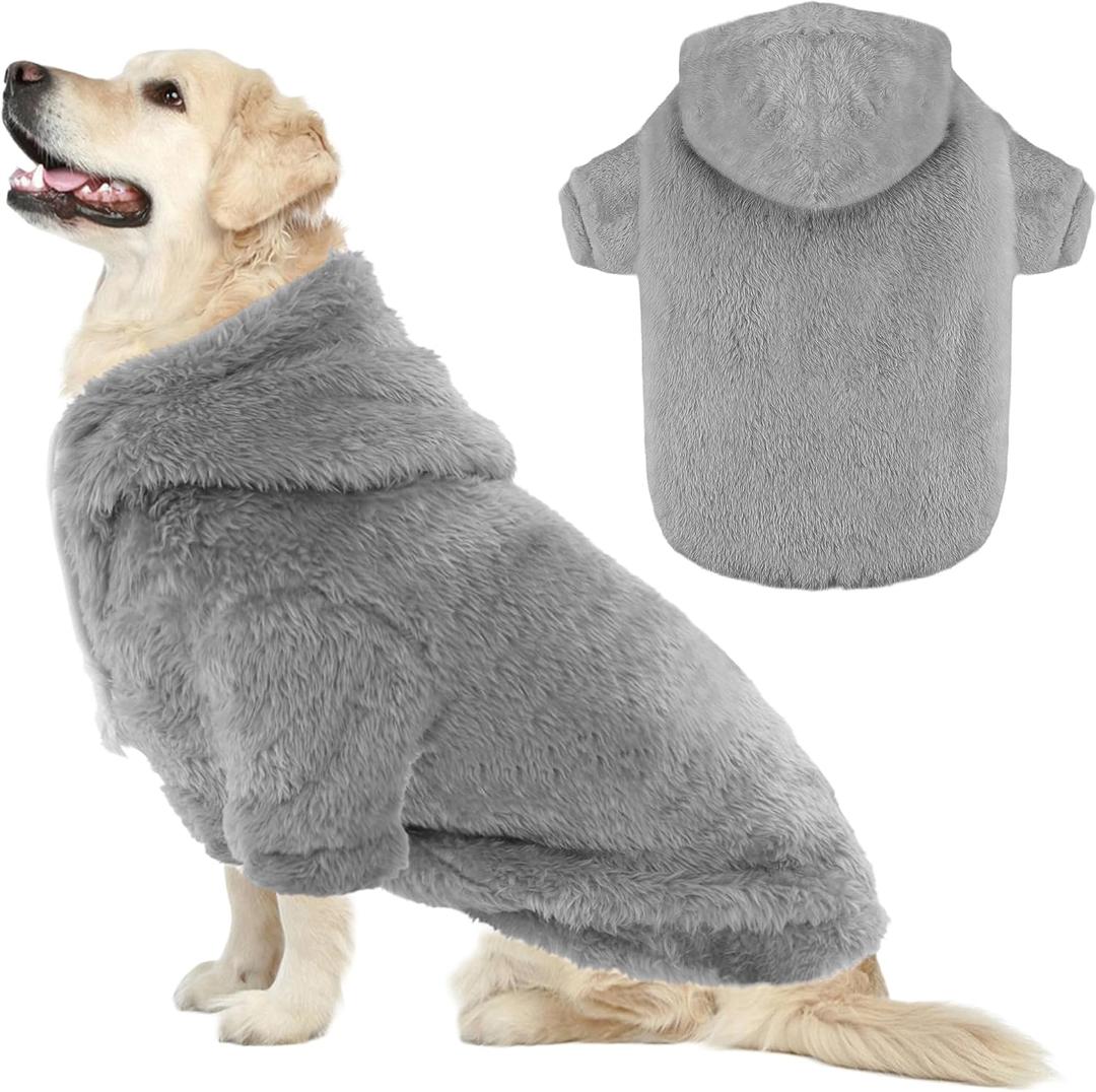 Fuzzy Dog Hoodie Sweater for Large Dogs Warm Winter Dog Clothes with Double-Sided Plush Fleece Soft Stretchy Pet Coats Hooded Sweatshirt for Medium Large Dogs