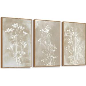 QICIFA Neutral Floral Framed Canvas Wall Art Set of 3, 16"x24" Large Boho Botanical Wall Decor, Minimalist Plant Wall Painting, Rustic Wildflower Artwork for Living Room Bedroom Farmhouse Office